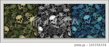 Grunge camouflage patterns with human skulls, mushrooms. Grunge style of outline of mushrooms. Dark textured background behind. Good for apparel, clothing, fabric, textile, sport goods. 105356338