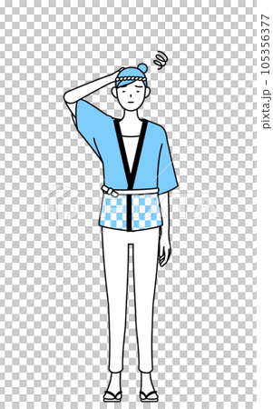 一個穿著夏日節日法衣外套的女人陷入困境撓頭 一個穿著夏日節日法衣外套的女人陷入困境撓頭 105356377