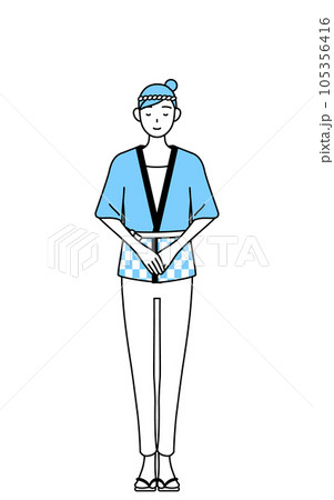 手を組んでお辞儀する夏祭りの法被を着た女性 手を組んでお辞儀する夏祭りの法被を着た女性 105356416