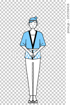 手を組んでお辞儀する夏祭りの法被を着た女性 手を組んでお辞儀する夏祭りの法被を着た女性 105356416