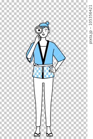 A woman wearing a summer festival happi coat looking through a magnifying glass 105356421