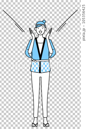 A woman wearing a summer festival happi coat with her hand on her mouth A woman wearing a summer festival happi coat with her hand on her mouth 105356425