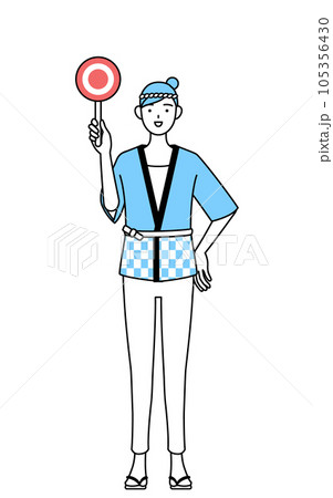 正解を示すマルの棒を持つ夏祭りの法被を着た女性 正解を示すマルの棒を持つ夏祭りの法被を着た女性 105356430