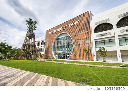 Low angle view of Mitsui Outlet Park in Tainan, Taiwan. it is Mitsui Fudosan's third base in Taiwan. 105356500