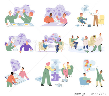 Psychologist and patient with tangled and untangled mind metaphor, doctor solving psychological problems couch consultation, mental health. Online ai therapy. Mental therapy sessions game. Life puzzle 105357769