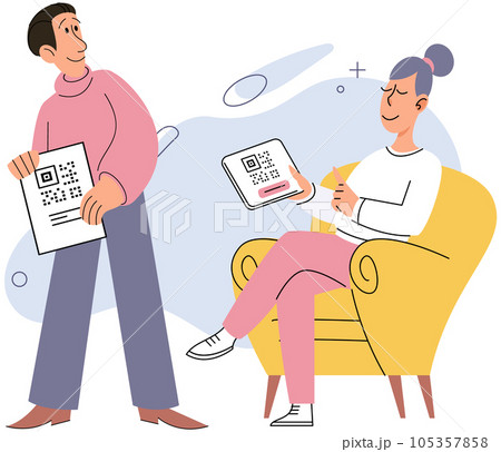 Person scans qr code in store. Woman shows QR barcode, man scans quick response code. Buyer checks price, buying goods or services. Cashless payment, modern technologies, internet transaction 105357858
