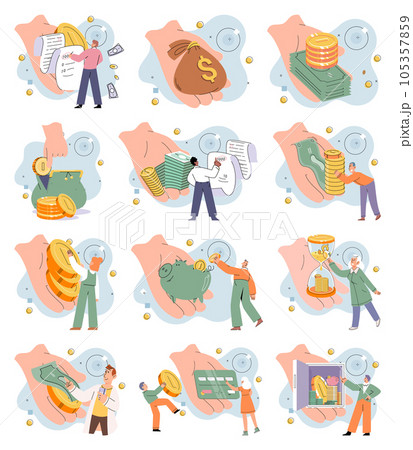 Cash back, money saving, online shopping. Businessman investor with coins. Bank loan vector set. Employee or entrepreneur puts money in stack, calculates profit. Financial literacy and passive income 105357859