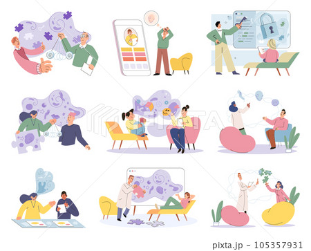 Psychologist listening to patient at mental therapy session. Growth mind and mental intelligence self development tiny person. Person talking to psychotherapist. Psychological session therapy support 105357931