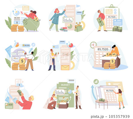 People analysis budget. Calculate financial plan of save income and expense management. Calculation financial income and expenses. Taxpayer counting money, taxation. Illustration metaphor 105357939
