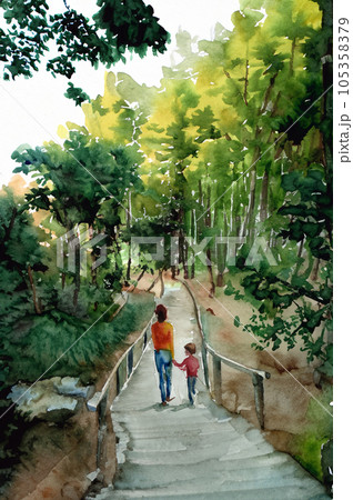 水彩画 親子の公園散歩 風景画 庭園を歩く親子の水彩イラスト／Generative AIのイラスト素材