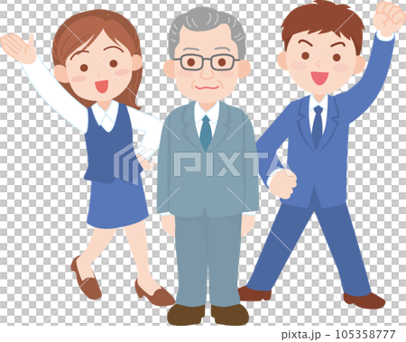 会社員_笑顔で元気そうな若い会社員男女と年配会社役員男性_全身 105358777