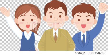 会社員_笑顔で元気そうな若い会社員男女と中年会社員男性_上半身 105358780