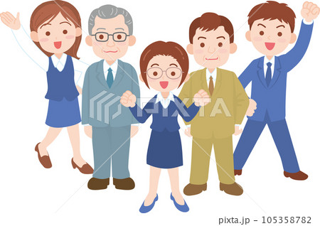 会社員_笑顔で元気そうな若い会社員男女3人と年配会社員男性2人_全身 105358782