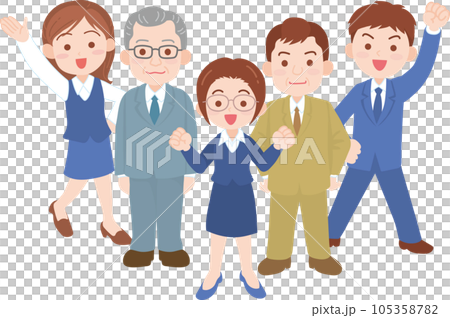 会社員_笑顔で元気そうな若い会社員男女3人と年配会社員男性2人_全身 105358782