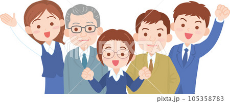 社員_笑顔で元気そうな若い会社員男女3人と年配会社員男性2人_上半身 105358783