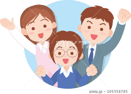 会社員_笑顔で元気そうな若い会社員男女3人_丸窓から手を振る_上半身 105358785