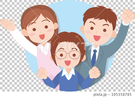 会社員_笑顔で元気そうな若い会社員男女3人_丸窓から手を振る_上半身 105358785