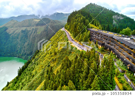 Aerial shot picturesque paradise of Sete Cidades in Azores 105358934