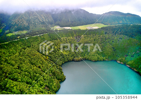 Aerial shot picturesque paradise of Sete Cidades in Azores Aerial shot picturesque paradise of Sete Cidades in Azores 105358944