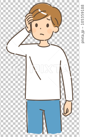 A young man with an uneasy expression holding his head, upper body, no background 105359188