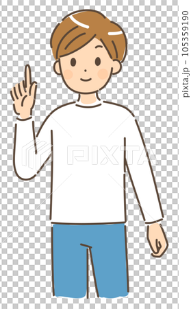 Young man pointing finger upper body no background 105359190