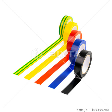 Electrical Tape Roll Lines Isolated, Plastic Duct Tape Rolls, Colored Adhesive Tapes on White Background Electrical Tape Roll Lines Isolated, Plastic Duct Tape Rolls, Colored Adhesive Tapes on White Background 105359268