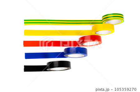 Electrical Tape Roll Lines Isolated, Plastic Duct Tape Rolls, Colored Adhesive Tapes on White Background Electrical Tape Roll Lines Isolated, Plastic Duct Tape Rolls, Colored Adhesive Tapes on White Background 105359270