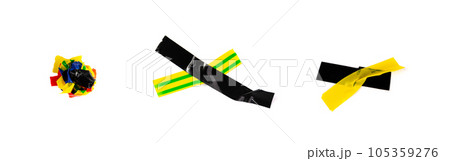 Crumpled Electrical Sticky Tapes, Adhesive Pieces Lump Isolated, Wrinkled Plastic Duct Tape Strips Crumpled Electrical Sticky Tapes, Adhesive Pieces Lump Isolated, Wrinkled Plastic Duct Tape Strips 105359276