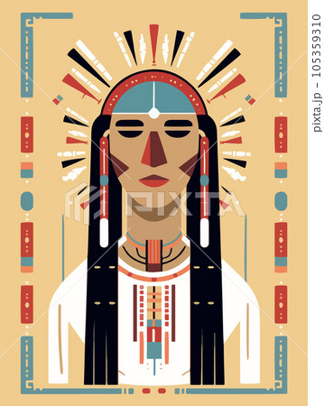 Native American chief wearing traditional clothes and headgear with feathers. American Indian leader that embodies courage, strength and confidence. Poster art 105359310