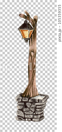 Outside lamp with stone basement. Watercolor hand drawn illustration for invitations, greeting cards, prints, packaging and more. Merry christmas and happy new year. Outside lamp with stone basement. Watercolor hand drawn illustration for invitations, greeting cards, prints, packaging and more. Merry christmas and happy new year. 105359355