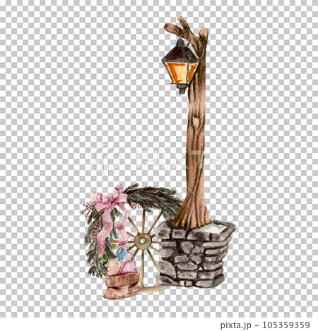 Outside lamp with stone basement. Watercolor hand drawn illustration for invitations, greeting cards, prints, packaging and more. Merry christmas and happy new year. Outside lamp with stone basement. Watercolor hand drawn illustration for invitations, greeting cards, prints, packaging and more. Merry christmas and happy new year. 105359359
