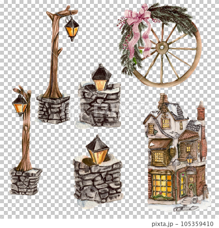 Outside lamp with stone basement , winter cottage . Watercolor hand drawn illustration for invitations, greeting cards, prints, packaging and more. Merry christmas and happy new year. 105359410