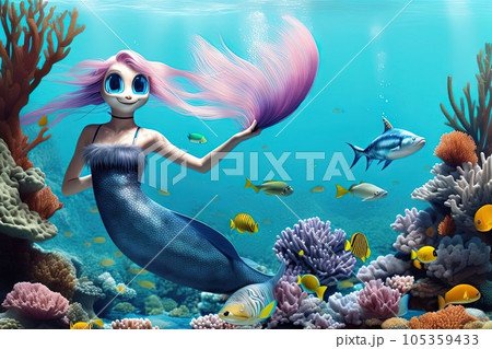 mermaid-fish-girl hybrid with the tail of a...のイラスト素材 [105359433] - PIXTA