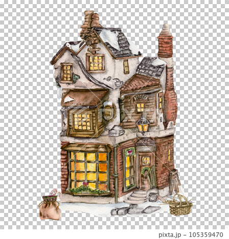 Watercolor house in winter. A cozy winter house with a wood covered roof and light in windows hand drawn in watercolor.. Watercolor illustration. Winter cottage. Watercolor house in winter. A cozy winter house with a wood covered roof and light in windows hand drawn in watercolor.. Watercolor illustration. Winter cottage. 105359470