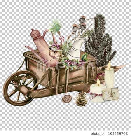 Wooden cart with present boxes. Watercolor hand drawn illustration for invitations, greeting cards, prints, packaging and more. Merry christmas and happy new year. Wooden cart with present boxes. Watercolor hand drawn illustration for invitations, greeting cards, prints, packaging and more. Merry christmas and happy new year. 105359708