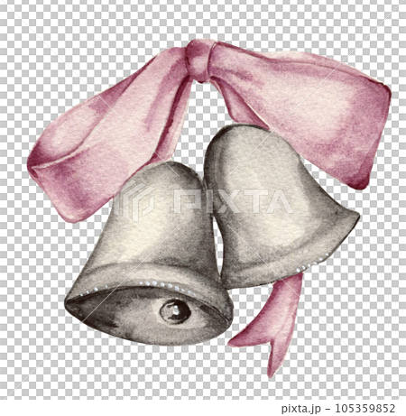 Watercolor winter Christmas bells with ribbons. Watercolor illustration. perfect for greetings card, poster, invitation, party decore, fabric. Merry Christmas and happy new year 105359852