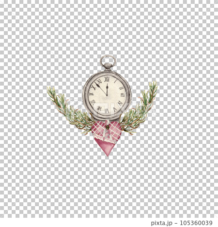 Christmas composition with watches.. Watercolor hand drawn illustration for invitations, greeting cards, prints, packaging and more. Merry christmas and happy new year. 105360039