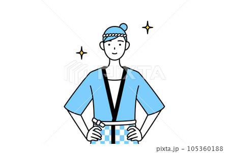 両手を腰に当てた夏祭りの法被を着た女性 105360188