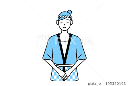 手を組んでお辞儀する夏祭りの法被を着た女性 105360198