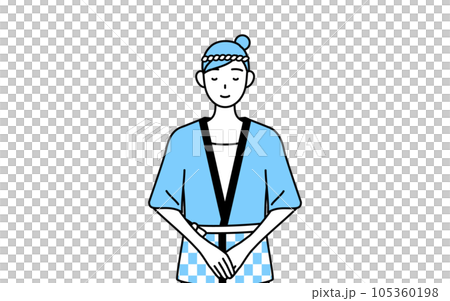 A woman wearing a summer festival happi coat folding her hands and bowing 105360198