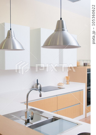 modern kitchen perfectly equipped with its appliances in a house modern kitchen perfectly equipped with its appliances in a house 105360622