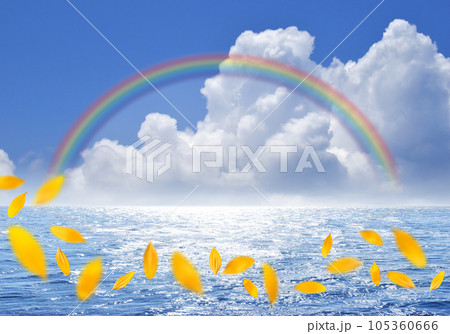 夏の海にヒマワリの花びらが舞う、きらめく虹の背景イメージ 105360666
