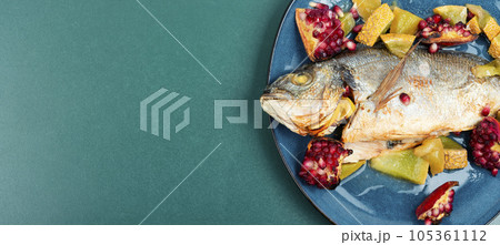 Dorado fish cooked with melon, copy space. Dorado fish cooked with melon, copy space. 105361112