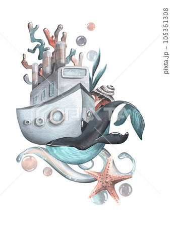 Steamboat with pipes, whale, coral, wave, algae, bubbles and starfish. Watercolor illustration, hand drawn. Marine isolated composition on a white background. 105361308