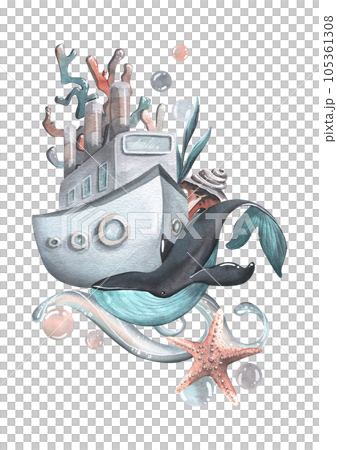 Steamboat with pipes, whale, coral, wave, algae, bubbles and starfish. Watercolor illustration, hand drawn. Marine isolated composition on a white background. 105361308