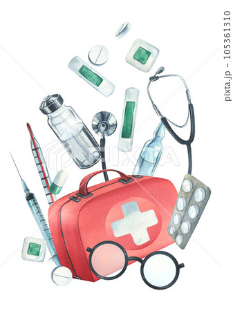 Red medical case, first aid kit with stethoscope, injections, plaster, pills and glasses. Watercolor illustration, hand drawn. Composition isolated on white background. 105361310