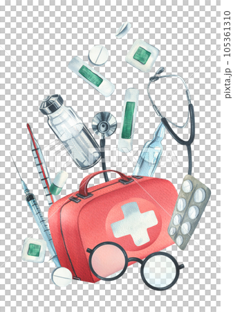 Red medical case, first aid kit with stethoscope, injections, plaster, pills and glasses. Watercolor illustration, hand drawn. Composition isolated on white background. 105361310