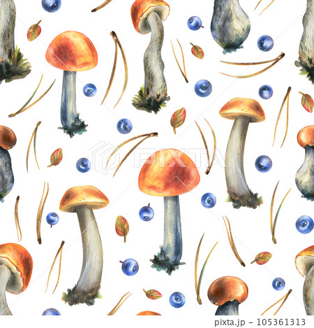 Forest edible mushrooms with orange caps boletus, leaves, blueberries and pine needles. Watercolor illustration, hand drawn. Seamless pattern for packaging, textile, wallpaper on a white background. Forest edible mushrooms with orange caps boletus, leaves, blueberries and pine needles. Watercolor illustration, hand drawn. Seamless pattern for packaging, textile, wallpaper on a white background. 105361313