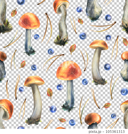 Forest edible mushrooms with orange caps boletus, leaves, blueberries and pine needles. Watercolor illustration, hand drawn. Seamless pattern for packaging, textile, wallpaper on a white background. Forest edible mushrooms with orange caps boletus, leaves, blueberries and pine needles. Watercolor illustration, hand drawn. Seamless pattern for packaging, textile, wallpaper on a white background. 105361313