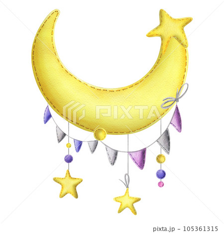 A stitched yellow crescent with hanging garlands of lilac and pink flags and stars. Childish cute hand drawn watercolor illustration. Isolated composition on a white background. A stitched yellow crescent with hanging garlands of lilac and pink flags and stars. Childish cute hand drawn watercolor illustration. Isolated composition on a white background. 105361315